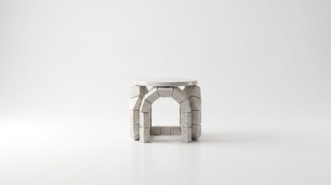 Modern marble podium with architectural arch design for product display.