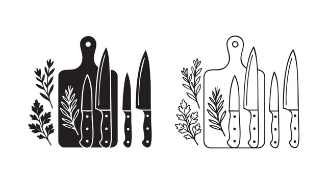 chef knives set with black silhouette and outline art vector icon