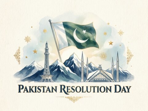 Pakistan resolution day celebration with national flag, minarepakistan, and faisal mosque against mountain backdrop