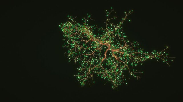 Neural network tree structures glow with green data spheres in a cinematic 3D render on a dark background for artificial intelligence concepts