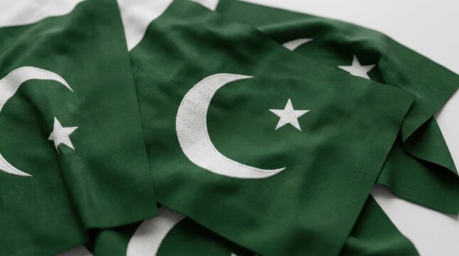 Closeup of fabric pakistani national flags with crescent and star symbol