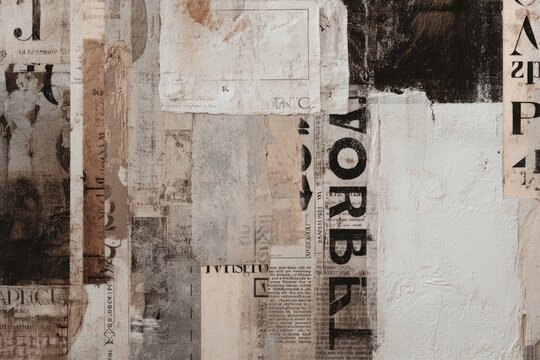 Vintage collage of old newspapers and posters on a textured wall.