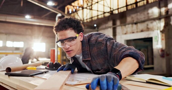 Sanding, carpenter and dust with plank in warehouse for project, planning and manufacture furniture. Workshop, sandpaper and person with equipment, timber material and small business in factory