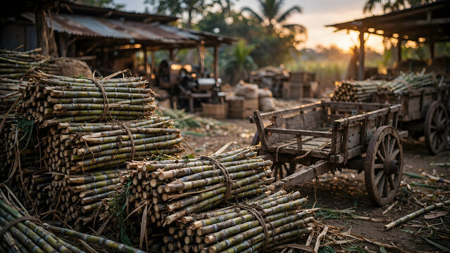 Sugarcane Harvest in Rural Village: Bundles of freshly cut sugarcane stalks are neatly stacked, awaiting transport by rustic carts in a sun-drenched rural village.
