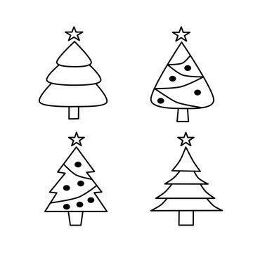 Outline Christmas tree icons collection with festive star toppers in black and white