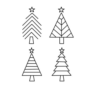 Set of Minimalist Geometric Christmas Tree Line Art Icons Topped with Stars for Winter Holiday Celebrations and Seasonal Design Elements