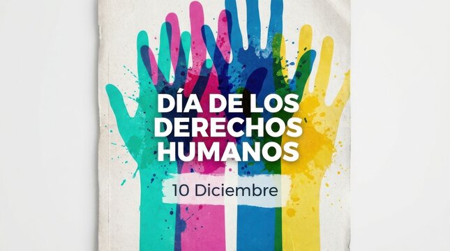 Human rights day poster with colorful handprints on white background