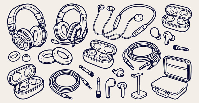 audio headphones seamless pattern, sound equipment background, wireless earbuds texture, audio accessories vector, DJ headset wallpaper, studio audio gear sketch, listening accessories pattern, audio 