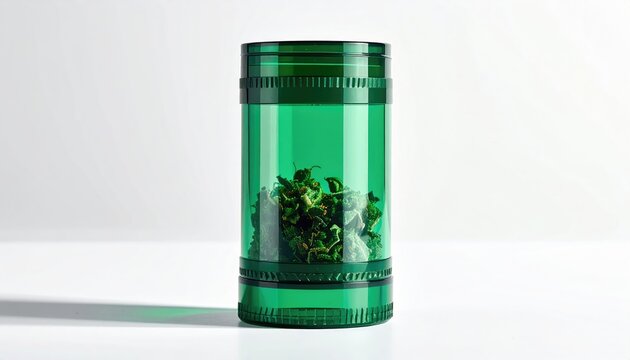 Green translucent container holding botanical material