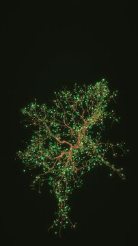 Neural network tree structures glow with green data spheres in a cinematic 3D render on a dark void background for vertical social media content