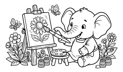 Fototapeta premium Baby Elephant Artist Painting Flower Outline Coloring Book Vector