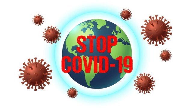 Stop covid19 concept with a stylized earth globe surrounded by virus particles