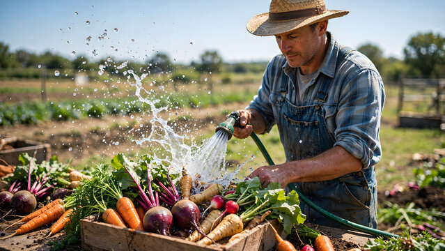 Fresh Harvest Irrigation: A farmer in a straw hat diligently irrigates a bountiful collection of freshly harvested root vegetables, including carrots and beets, in his sun-drenched field.