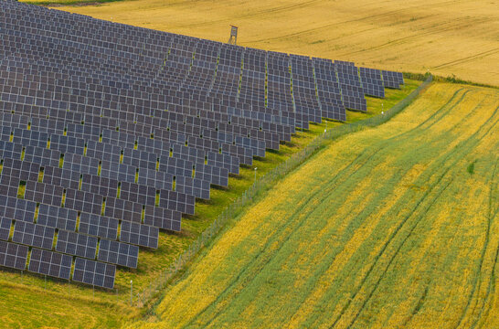Aerial view of a large solar farm with rows of photovoltaic panels set against golden agricultural fields and green grass in Tczew, Pomeranian Voivodeship, Poland.