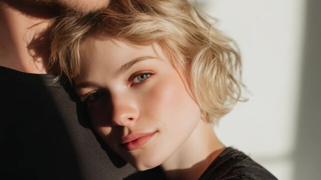 Young woman with short blonde hair leans gently on someone's shoulder, basking in warm natural sunlight. Soft shadows and serene expression create a peaceful, intimate atmosphere