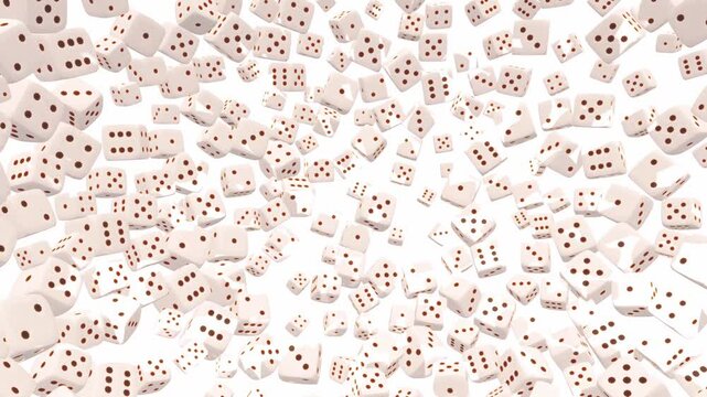 White dice explode and scatter across a bright white background in a dynamic 3D animation loop perfect for gaming and chance concepts