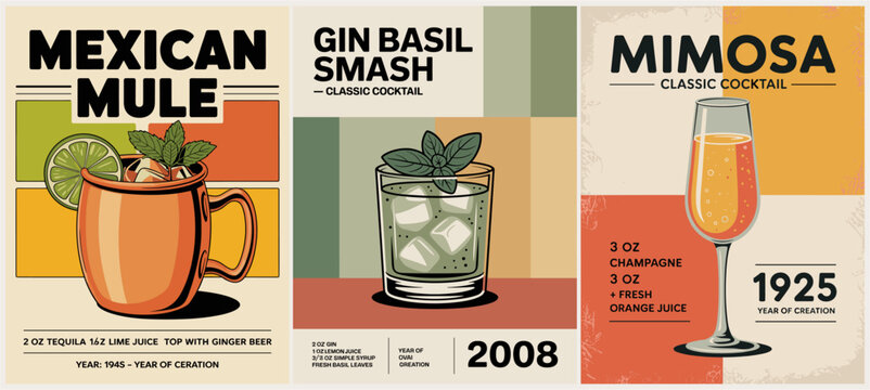 Vintage cocktail menu design with three classic drinks. Mexican Mule served in copper mug with lime and mint. Gin Basil Smash in glass with ice and fresh herbs. Mimosa in tall glass with orange slice