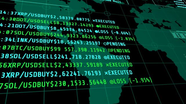 An advanced command terminal monitors real-time global financial transactions, crypto trading metrics, and botnet configuration logs. Ideal for cyber defense and dark web hacker themes.