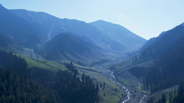 Winding stream flows through mountain meadows and cedar forest in Badwai Khwar, Upper Dir, Khyber Pakhtunkhwa, Pakistan