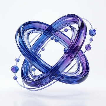 Abstract 3D Render of Blue and Purple Glass Atomic Structure with Orbiting Spheres