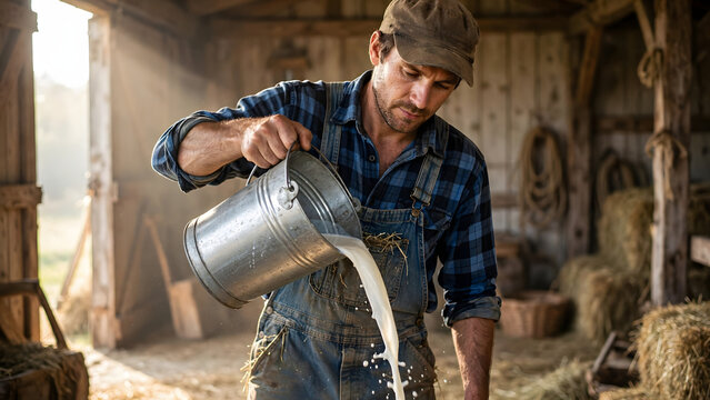 Farmer Pouring Milk in Barn: A hardworking farmer, dressed in overalls and a plaid shirt, pours fresh milk from a metal bucket into another, inside a rustic barn filled with hay bales.
