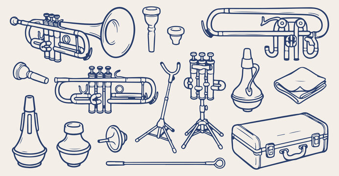 brass horn instruments seamless pattern, brass music equipment texture, hand drawn musical instrument background, orchestra horn vector, trumpet sketch pattern, jazz music wallpaper, band instrument b
