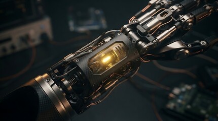 Naklejka premium Advanced robotic prosthetic arm with glowing yellow energy core, intricate mechanical details and circuit boards in background