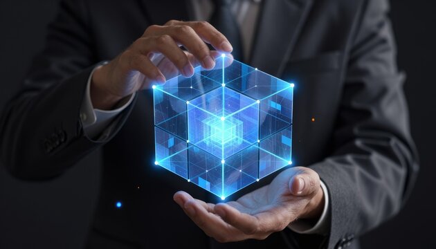 Businessman Holding Digital Holographic Cube Data Model