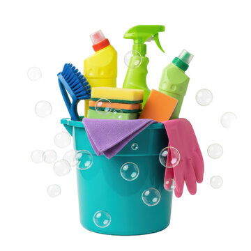 Vibrant teal bucket overflowing with colorful cleaning supplies, neon spray bottles, scrub brush, sponges, and bubbles against a bright white background, efficiency