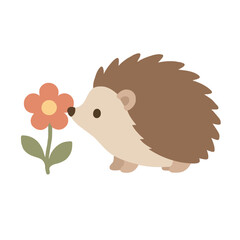 Fototapeta premium A charming and cute flat vector illustration featuring a little brown hedgehog gently sniffing a lovely orange flower with green leaves, rendered in a simple minimalist aesthetic.