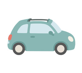 Fototapeta premium A delightful flat vector illustration depicting a small teal compact car with a sunroof open, rounded retro shape, and circular headlights, presented cleanly on a plain white background.