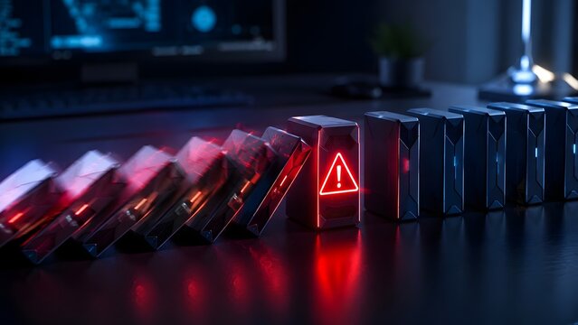 Cyber security concept of a glowing red warning block stopping a chain reaction of falling high-tech server dominoes