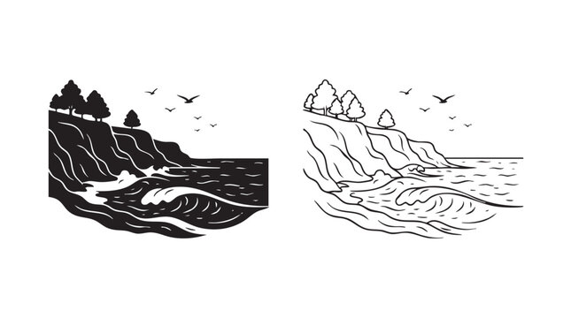 coastline with cliffs and waves in black silhouette and outline art vector icon