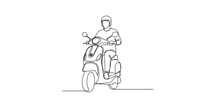 Continuous single line drawing of a person riding a scooter motorcycle