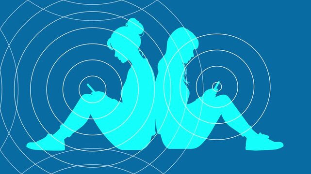 Women Using Phones with Radio Wave Radiation Effects.
Animation featuring two women sitting back-to-back, deeply engaged with their mobile phones.