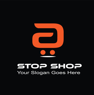 Modern shopping cart logo design, orange retail basket icon for Stop Shop, minimalist e-commerce branding vector on black background
