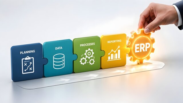 Hand assembling colorful jigsaw puzzle pieces with business management concepts planning data processes reporting and glowing ERP gear piece