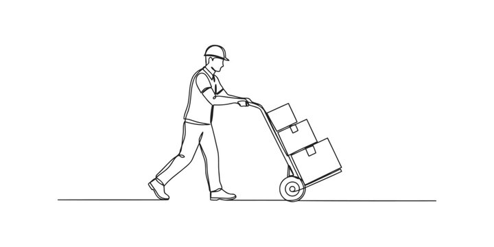 Continuous line drawing of a worker in a hard hat pushing a hand truck with boxes