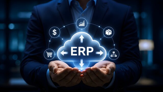 Businessman holding glowing blue cloud icon with ERP enterprise resource planning text and business management modules in dark office