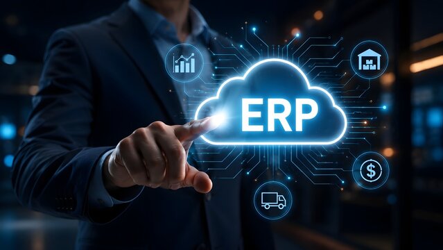 Businessman hand touching futuristic glowing blue cloud icon with ERP enterprise resource planning text and connected business management icons