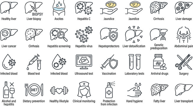 Liver Cancer and Hepatology Disease Line Icon Set for Hospital Diagnostics Hepatitis Cirrhosis Treatment Awareness Infographics and Website Vector Elements
