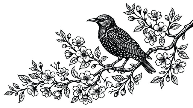 Black and white illustration of a starling bird perched on a blooming cherry blossom branch