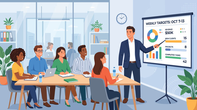 Business meeting presentation with diverse team, charts and graphs on whiteboard
