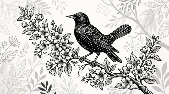 Blackbird perched on a flowering branch, delicate sketch style, nature illustration