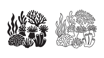 coral reef ecosystem black silhouette and outline art vector icon © Shamsul