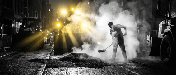 Fototapeta premium Municipal worker cleaning city street with service vehicle at night. Concept of nighttime sanitation, essential public services, reliable urban infrastructure.