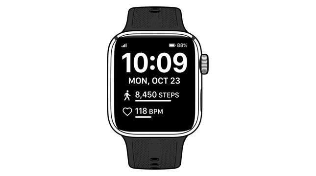 Modern Smartwatch Displaying Time, Steps, and Heart Rate - Isolated