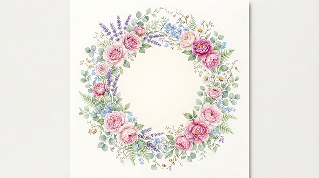 Watercolor floral wreath with pink roses and lavender isolated on white background