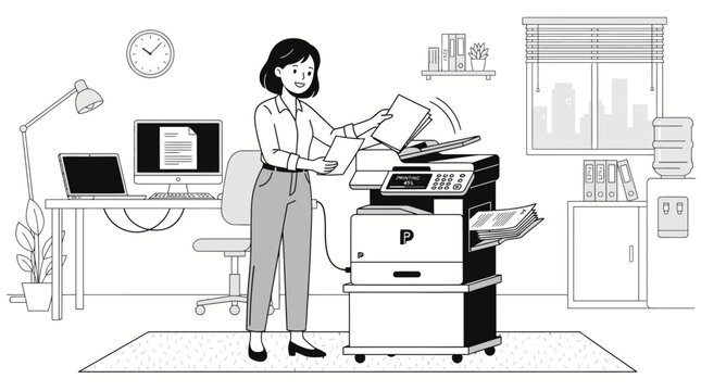 Office worker using a copier, scanning documents, modern workplace illustration
