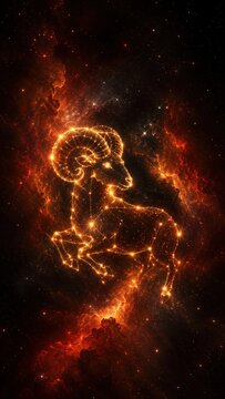 Aries constellation ram zodiac sign glowing in deep space cosmic background
